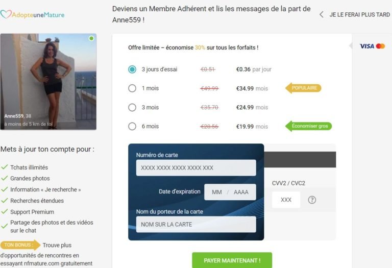 AdopteUneMature : écran évoqué dans les témoignages liés aux paiements
