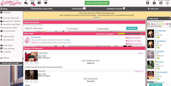 Entrecoquins avis : capture d'écran de la plateforme libertine
