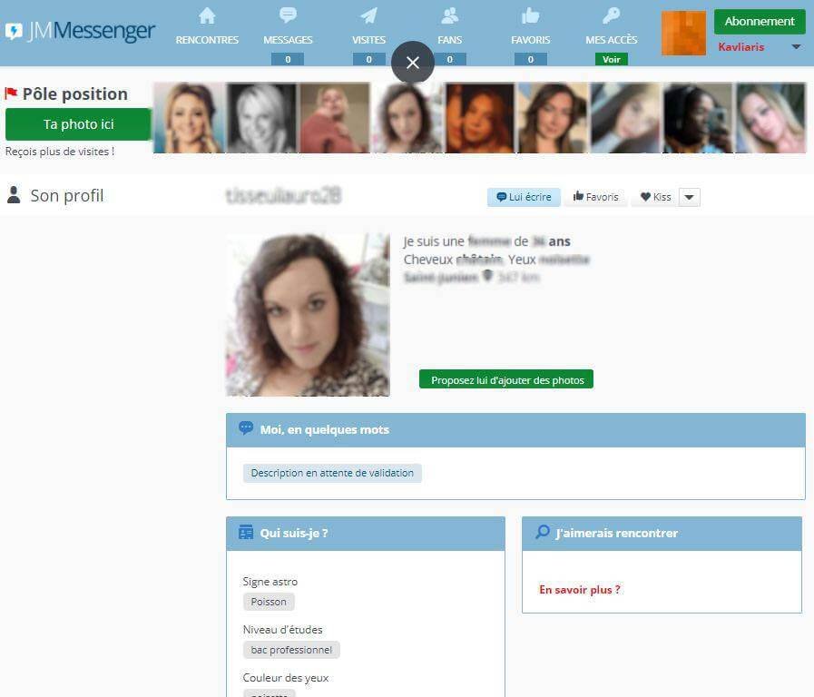JM Messenger : exemple de profil consulté pendant le test