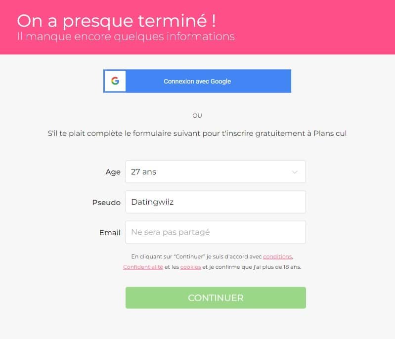 Inscription sur Planscul.com pendant notre test