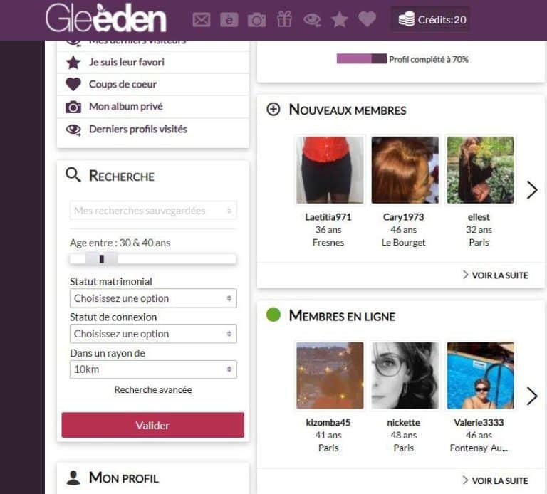 Gleeden : capture d'écran de l'interface pendant le test