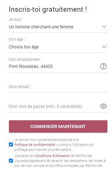 RdvTorride avis : formulaire d'inscription du site