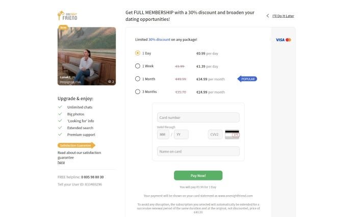 OneNightFriend : détail des formules et de l'essai à 0,99€/jour
