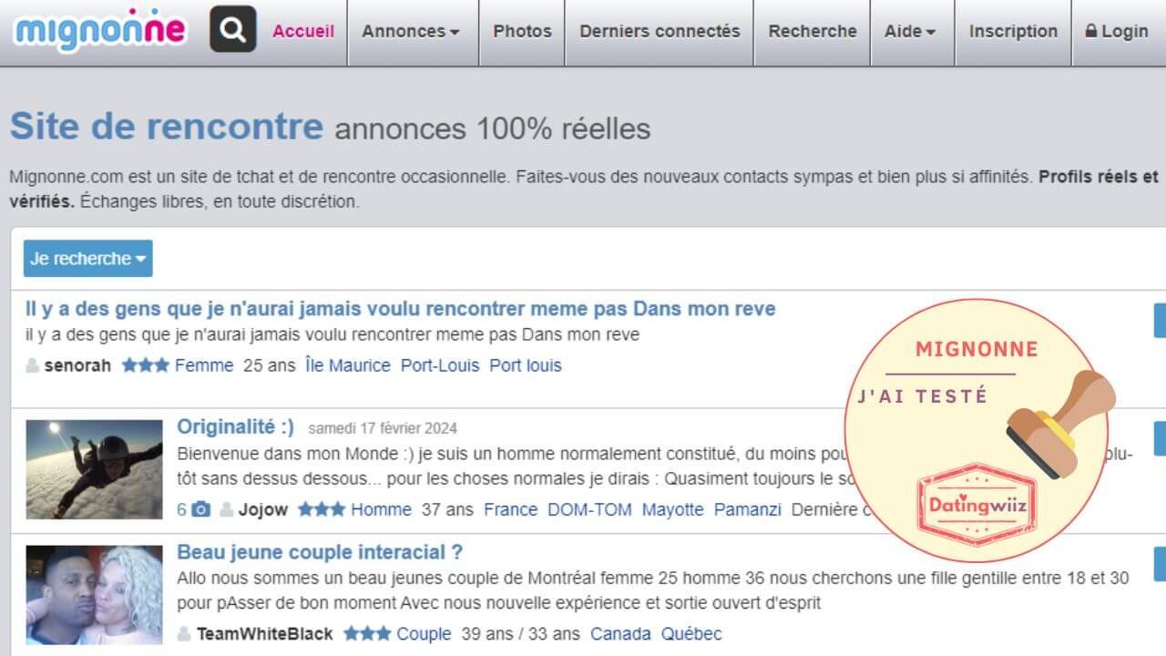 Mignonne avis : capture du site pendant notre test