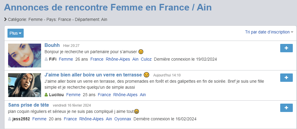 Mignonne : exemples de profils rencontrés pendant le test